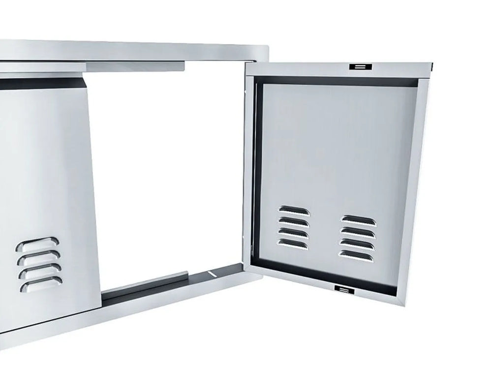 Sunstone ARU-DDV30 vented stainless double access doors open, showing hinge hardware, flush frame, and louvered door panels.