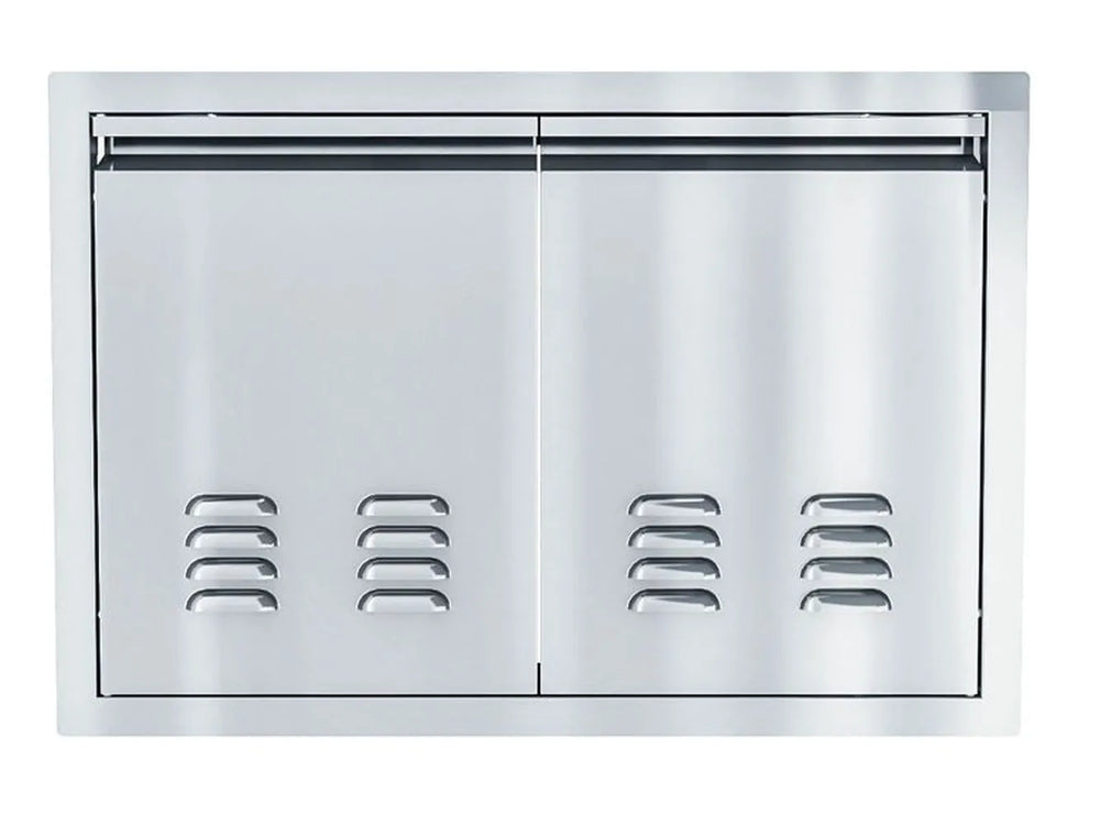 Sunstone ARU-DDV30 30" vented stainless steel double access door, flush-mount outdoor kitchen cabinet doors with ventilation louvers.