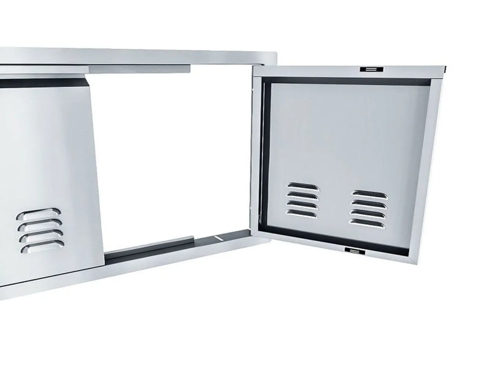 Sunstone ARU-DDV36 vented 36-inch stainless double door open, showing hinge hardware, flush frame, and louvered ventilation panels.