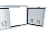 Sunstone ARU-DDV36 vented 36-inch stainless double door open, showing hinge hardware, flush frame, and louvered ventilation panels.