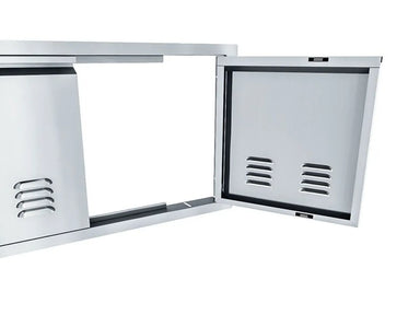 Sunstone ARU-DDV36 vented 36-inch stainless double door open, showing hinge hardware, flush frame, and louvered ventilation panels.