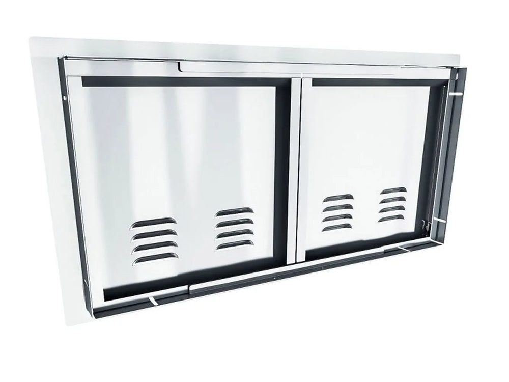 Back view of Sunstone ARU-DDV36 36" vented double access doors showing reinforced panels and stainless mounting frame for outdoor kitchen install.