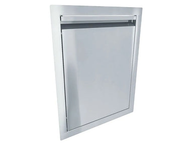 Angled view of Sunstone ARU-DV16 stainless access door with integrated top vent opening for outdoor kitchen island storage.