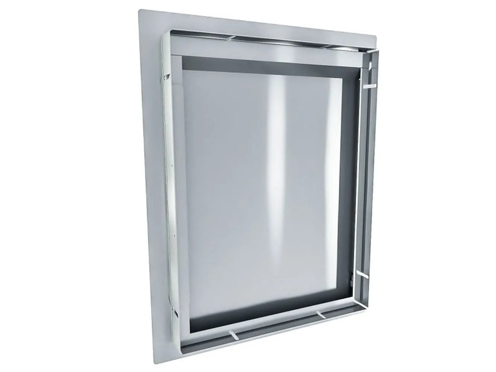 Back view of Sunstone ARU-DV16 stainless access door showing mounting frame, support channels, and vented top section.