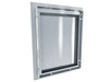 Back view of Sunstone ARU-DV16 stainless access door showing mounting frame, support channels, and vented top section.