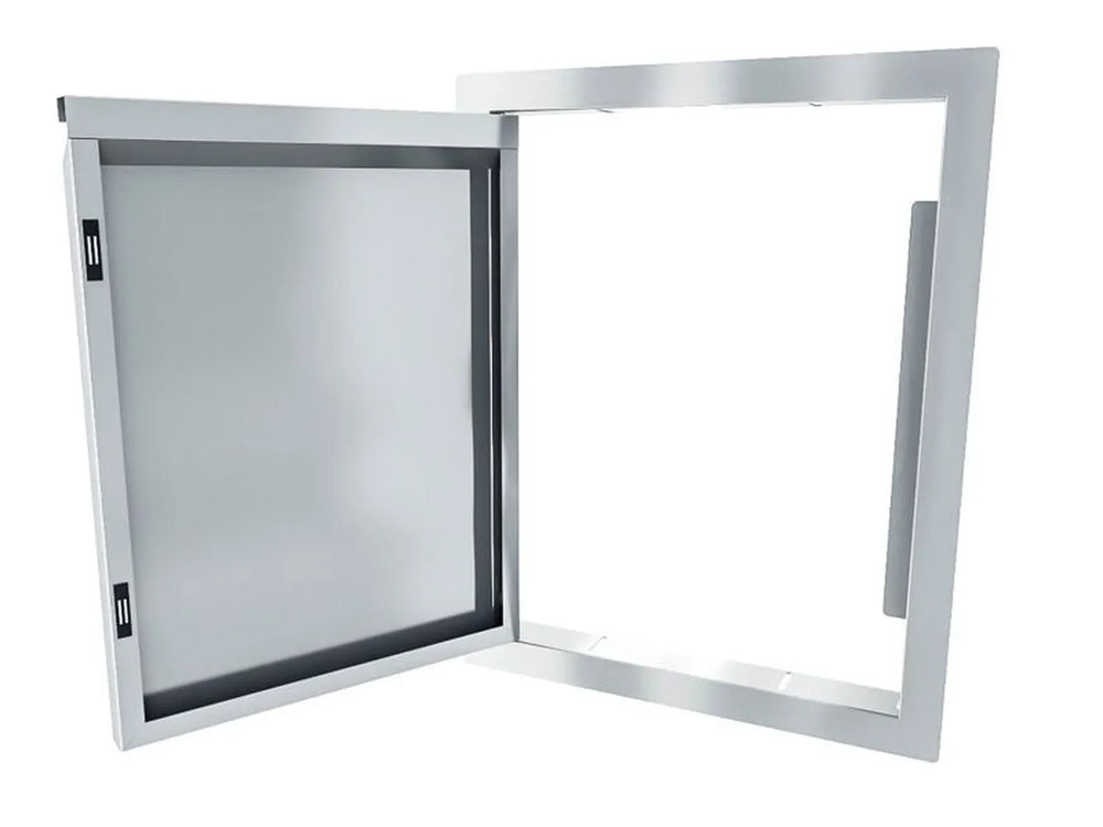 Sunstone ARU-DV16 stainless access door opened, showing hinge hardware, flush frame, and concealed handle on the right side.