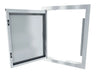 Sunstone ARU-DV16 stainless access door opened, showing hinge hardware, flush frame, and concealed handle on the right side.