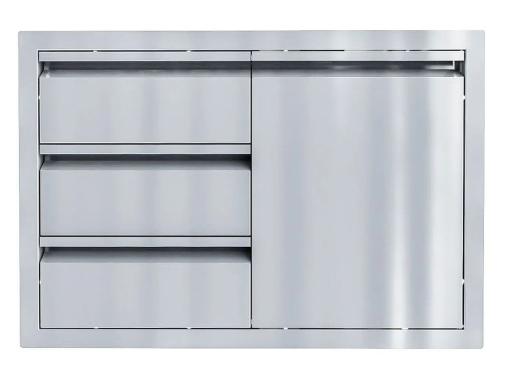 Sunstone ARU-TDC30 30" outdoor kitchen drawer combo in 304 stainless steel, triple drawers with matching access door, flush-mount design.