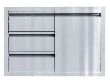 Sunstone ARU-TDC30 30" outdoor kitchen drawer combo in 304 stainless steel, triple drawers with matching access door, flush-mount design.
