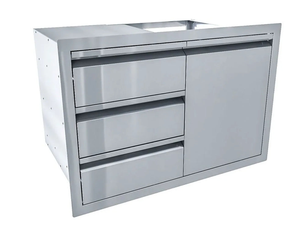 Angled view of Sunstone ARU-TDC30 30-inch stainless drawer and door combo for outdoor BBQ island storage and organization.
