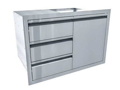 Angled view of Sunstone ARU-TDC30 30-inch stainless drawer and door combo for outdoor BBQ island storage and organization.