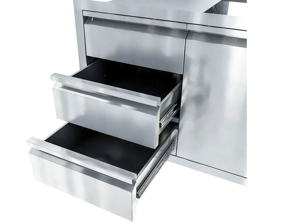 Sunstone ARU-TDC30 stainless triple drawers partially open, showing deep storage space and smooth-glide drawer slides.
