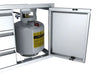 Sunstone ARU-TDC30 30" drawer combo with access door open, showing propane tank storage area inside outdoor kitchen cabinet.