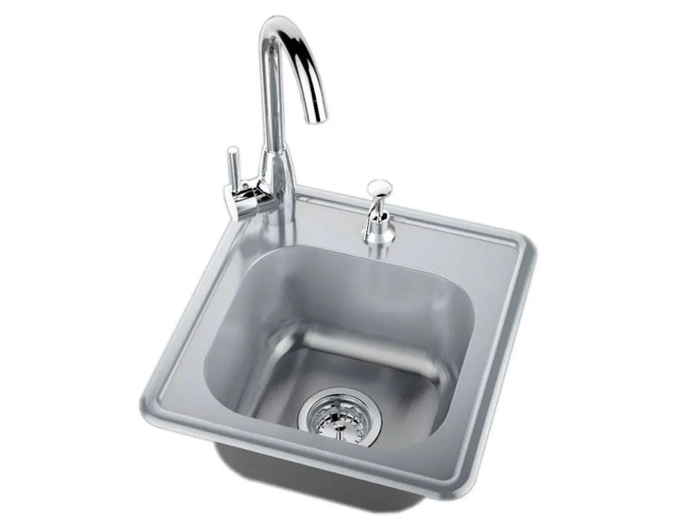 Sunstone A-SS17 stainless drop-in bar sink with hot/cold gooseneck faucet and soap dispenser, compact outdoor kitchen sink.