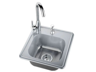 Sunstone A-SS17 stainless drop-in bar sink with hot/cold gooseneck faucet and soap dispenser, compact outdoor kitchen sink.