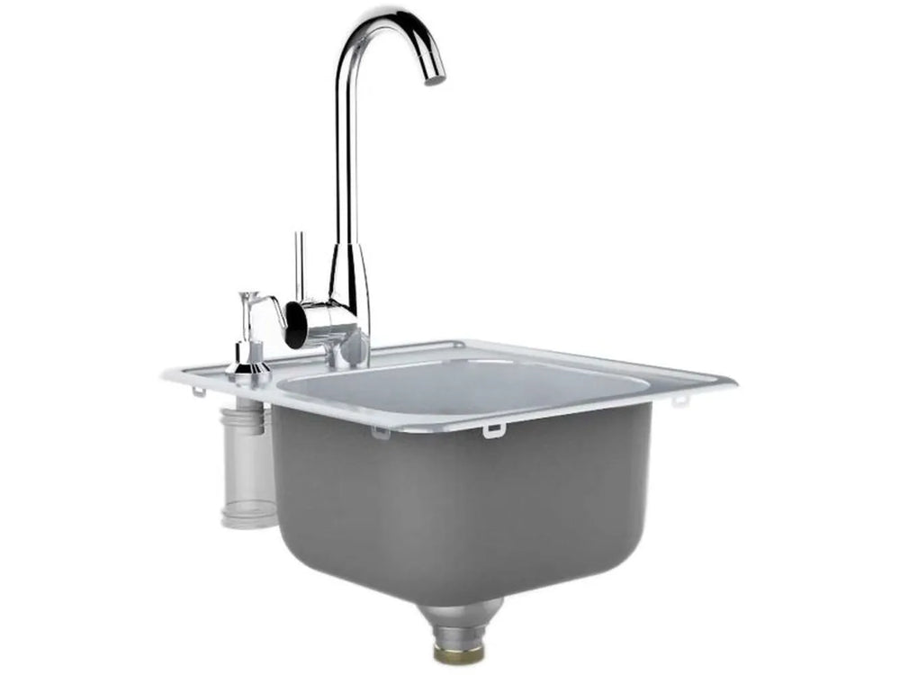 Side view of Sunstone A-SS17 stainless drop-in sink showing deep basin, mounting rim, and hot/cold faucet plumbing connections.