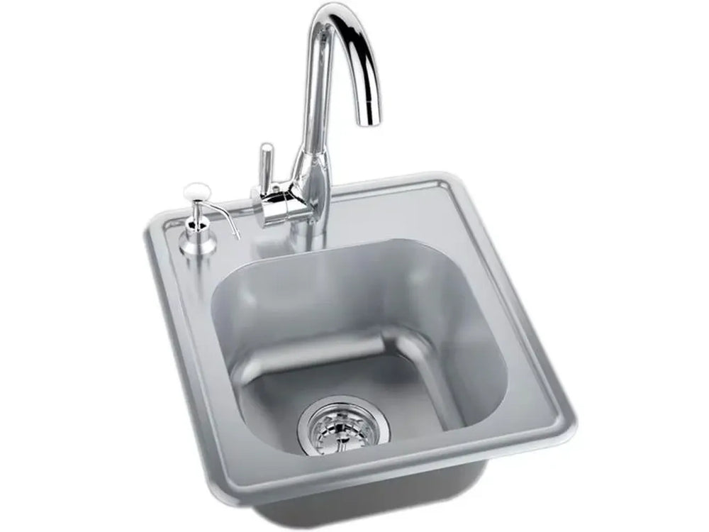 Top view of Sunstone A-SS17 drop-in stainless sink kit with high-arc hot/cold faucet and integrated drain for outdoor kitchens.