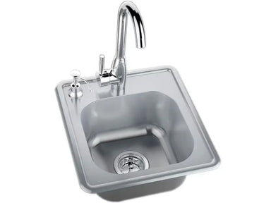 Top view of Sunstone A-SS17 drop-in stainless sink kit with high-arc hot/cold faucet and integrated drain for outdoor kitchens.