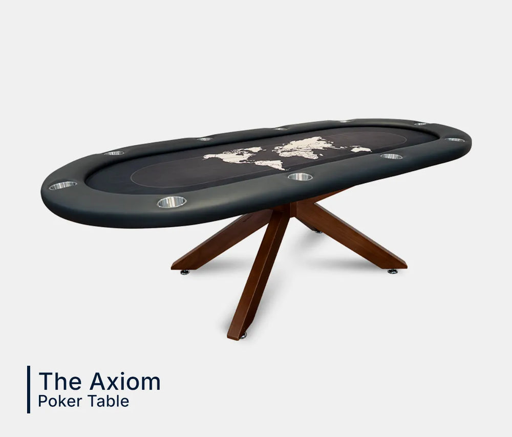 Axiom oval 10-player poker table with world map felt, padded armrest and stainless steel cup holders