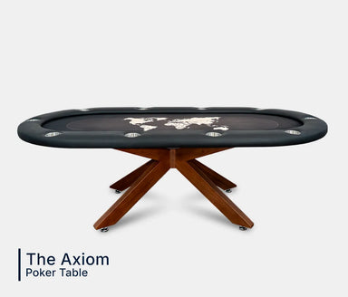 Axiom 10-player luxury poker table with black rail, world map playing surface and wood X-base