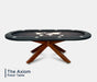 Axiom 10-player luxury poker table with black rail, world map playing surface and wood X-base