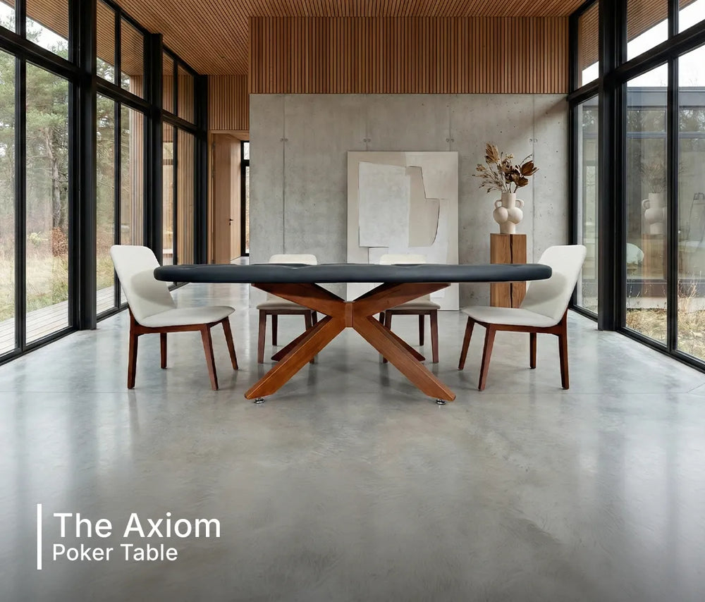 Axiom designer poker table in modern glass home with upholstered chairs and wood pedestal base