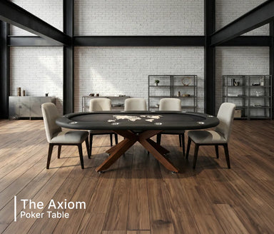 Axiom luxury poker table in contemporary loft with padded rail, cup holders and wood X-base