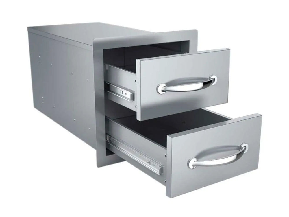 Both drawers pulled out showing the two storage bins and side-mounted soft-close slide rails.
