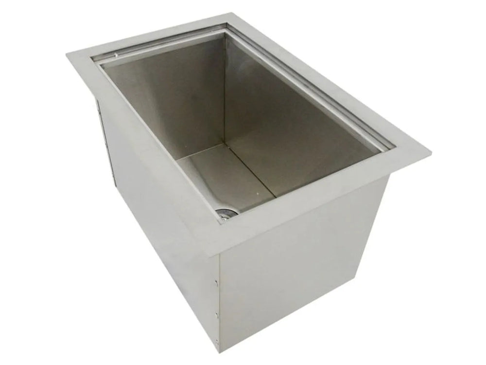 Open Sunstone B-IC14 insulated ice chest showing stainless interior and drain, 14x12 wall-mounted outdoor beverage cooler.