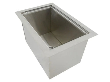 Open Sunstone B-IC14 insulated ice chest showing stainless interior and drain, 14x12 wall-mounted outdoor beverage cooler.