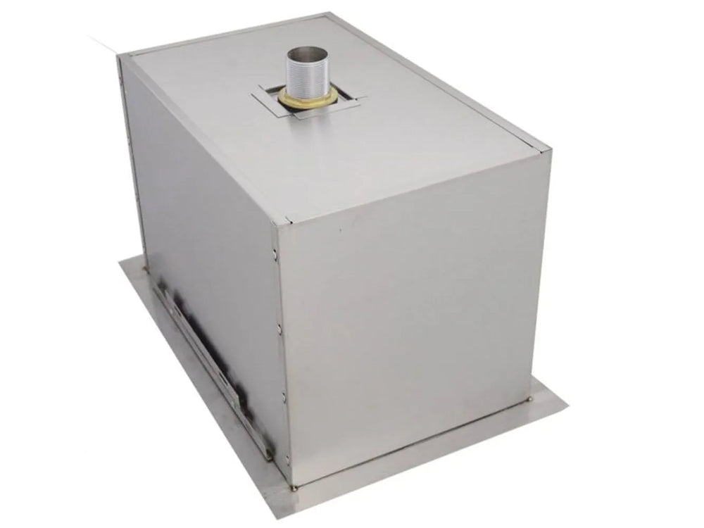 Rear view of Sunstone B-IC14 insulated wall ice chest with drain connection, stainless built-in outdoor bar cooler.