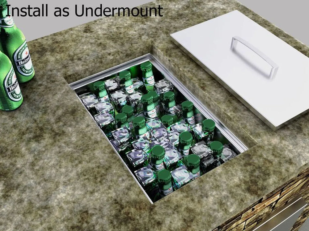 Undermount installation of Sunstone B-IC14 insulated wall ice chest in outdoor counter, beverage cooler filled with ice and bottles.