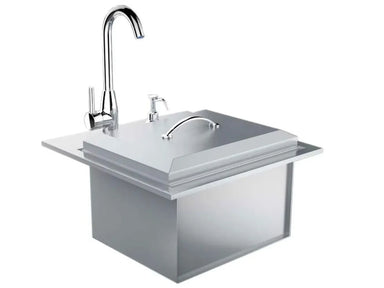 Sunstone B-PS21 drop-in outdoor kitchen sink with faucet and covered lid, stainless basin and integrated drain for BBQ island.
