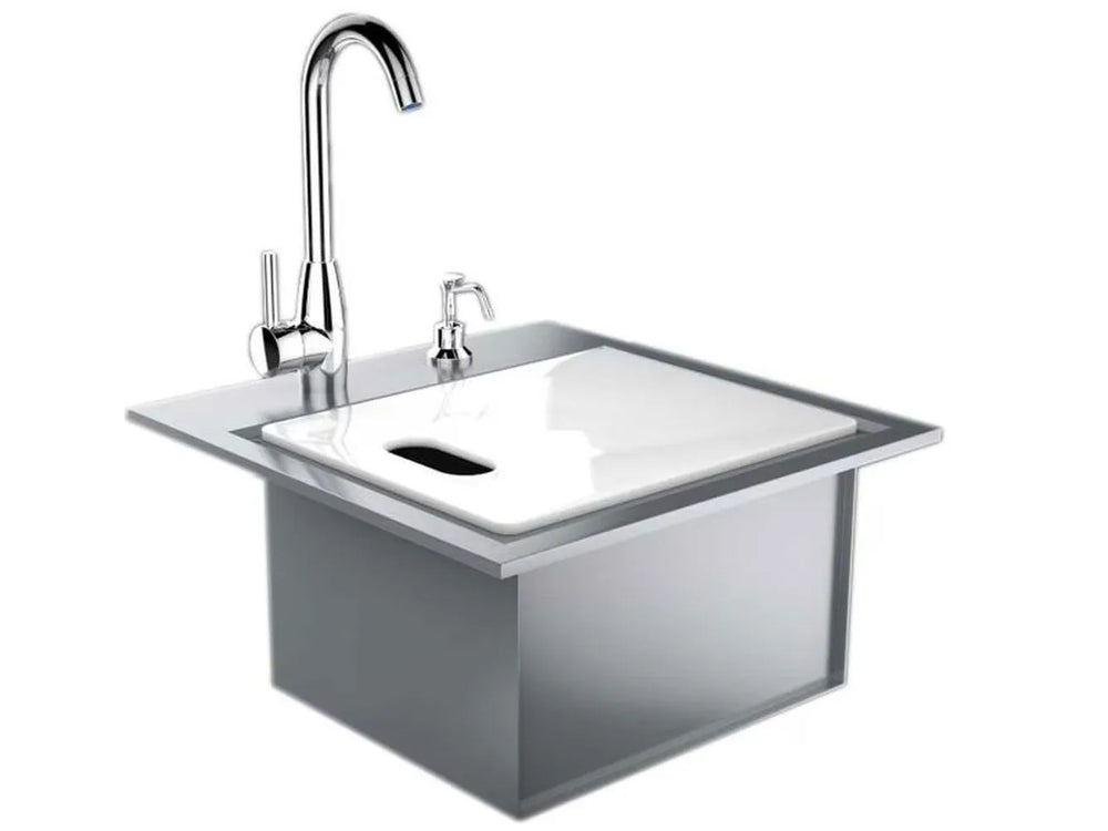 Side view of Sunstone B-PS21 21-inch drop-in sink kit showing deep stainless basin, faucet, soap dispenser and drain assembly.