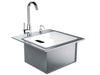 Side view of Sunstone B-PS21 21-inch drop-in sink kit showing deep stainless basin, faucet, soap dispenser and drain assembly.