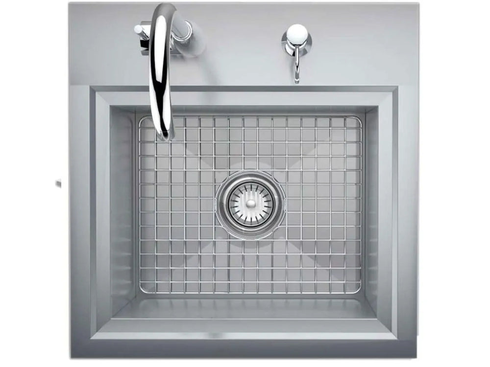 Sunstone B-PS21 top view stainless sink with bottom grid rack, faucet and soap dispenser, 21-inch drop-in prep sink.
