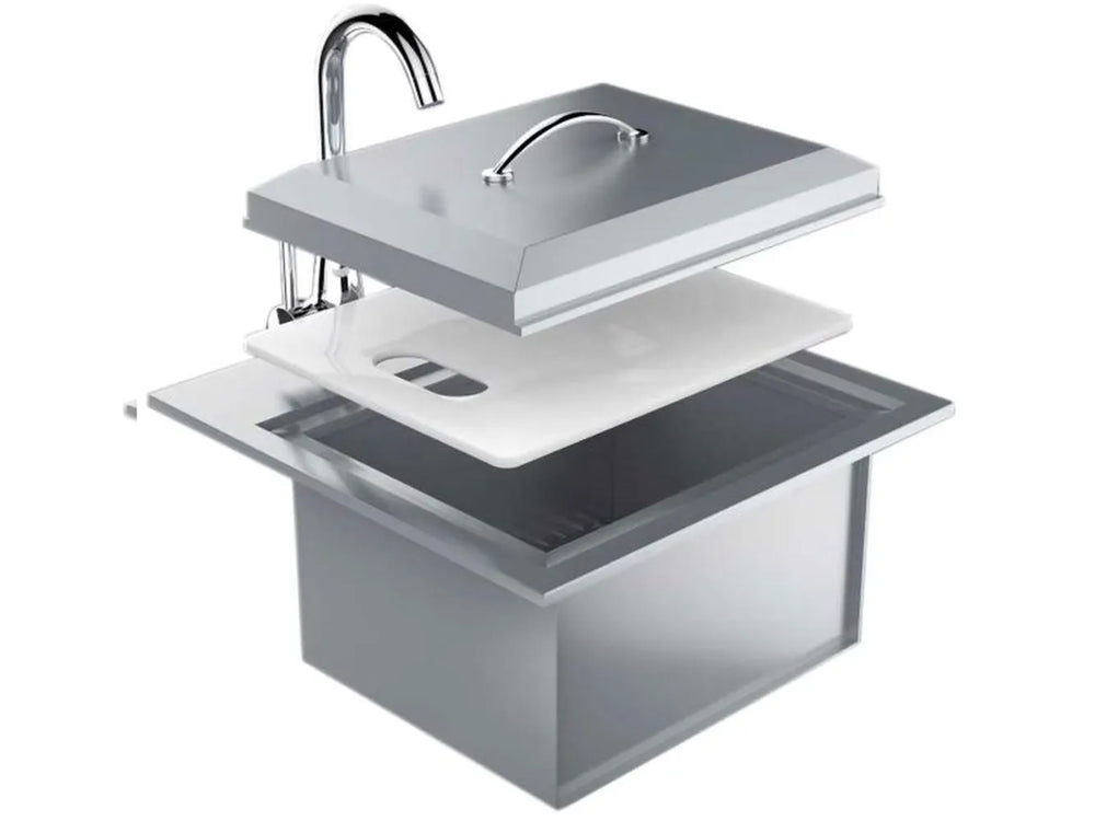 Sunstone B-PS21 21-inch stainless drop-in sink with faucet, lid cover and cutting board, outdoor kitchen prep sink with drain.