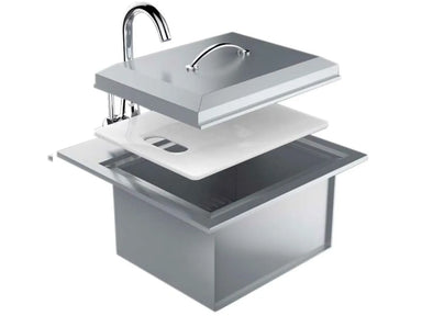 Sunstone B-PS21 21-inch stainless drop-in sink with faucet, lid cover and cutting board, outdoor kitchen prep sink with drain.