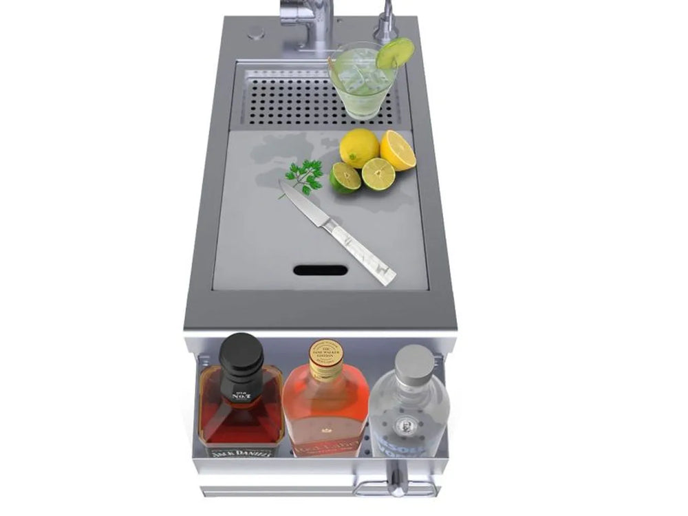Top view of Sunstone B-RBC14 cocktail center with cutting board, drip tray and faucet, stainless steel bar sink prep station.