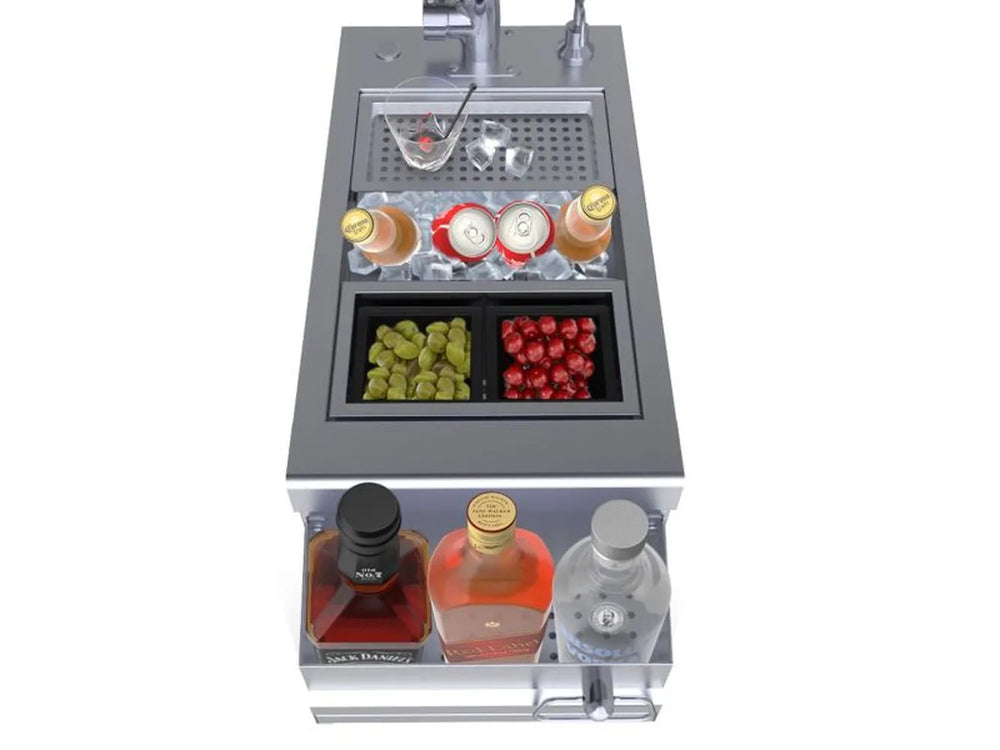 Sunstone B-RBC14 cocktail center bar sink with ice well and dual garnish bins, stainless steel outdoor kitchen drink station.