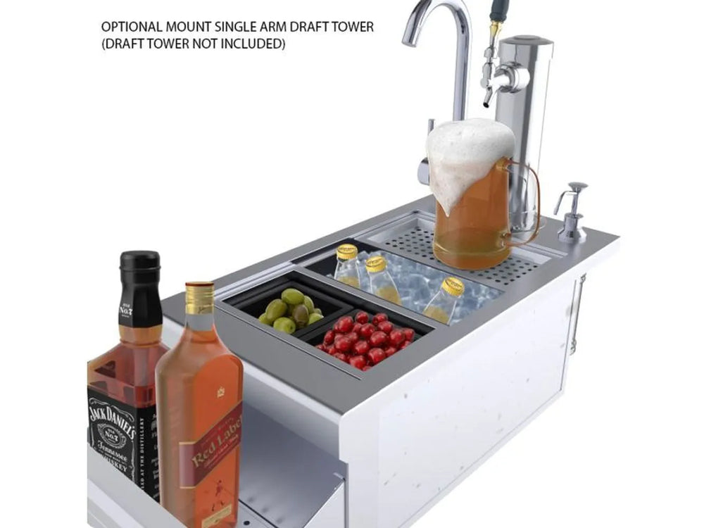 Sunstone B-RBC14 cocktail center with ice, garnish bins and faucet; optional draft tower shown, stainless steel outdoor bar station.