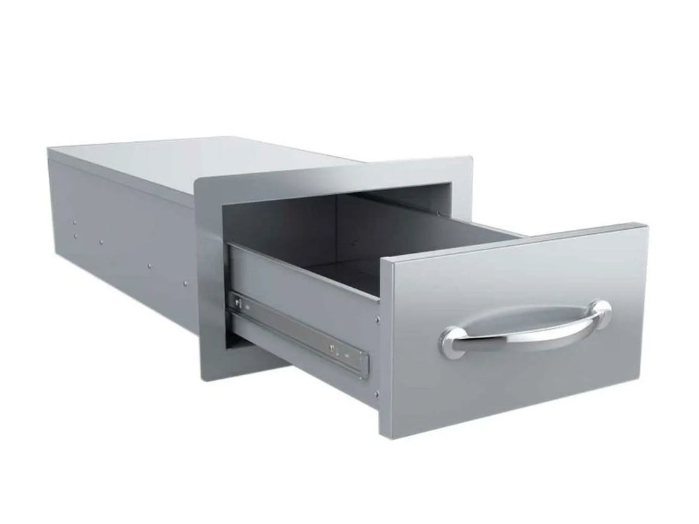 Drawer pulled out showing the interior storage bin and side-mounted soft-close slide rails.