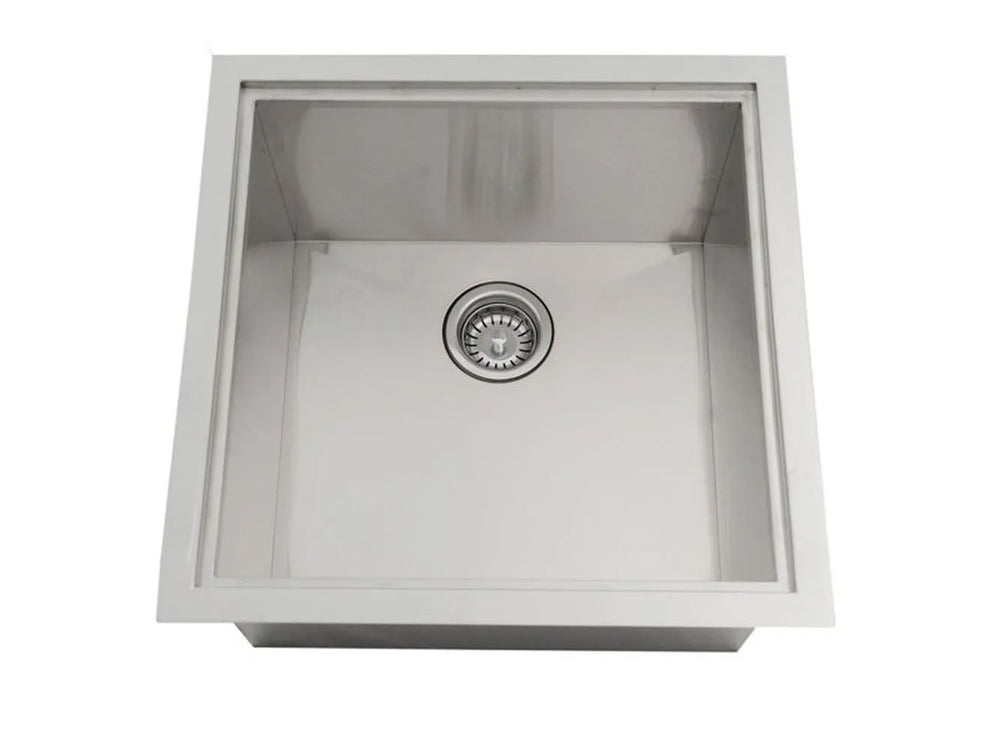 Top view of Sunstone B-SK20 20-inch single basin sink interior with drain, 304 stainless steel drop-in sink.