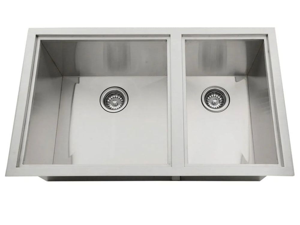 Top view of Sunstone B-SK34 34-inch double bowl sink with dual drains, 304 stainless steel outdoor kitchen sink.