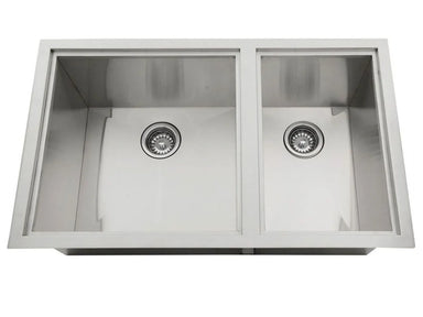 Top view of Sunstone B-SK34 34-inch double bowl sink with dual drains, 304 stainless steel outdoor kitchen sink.