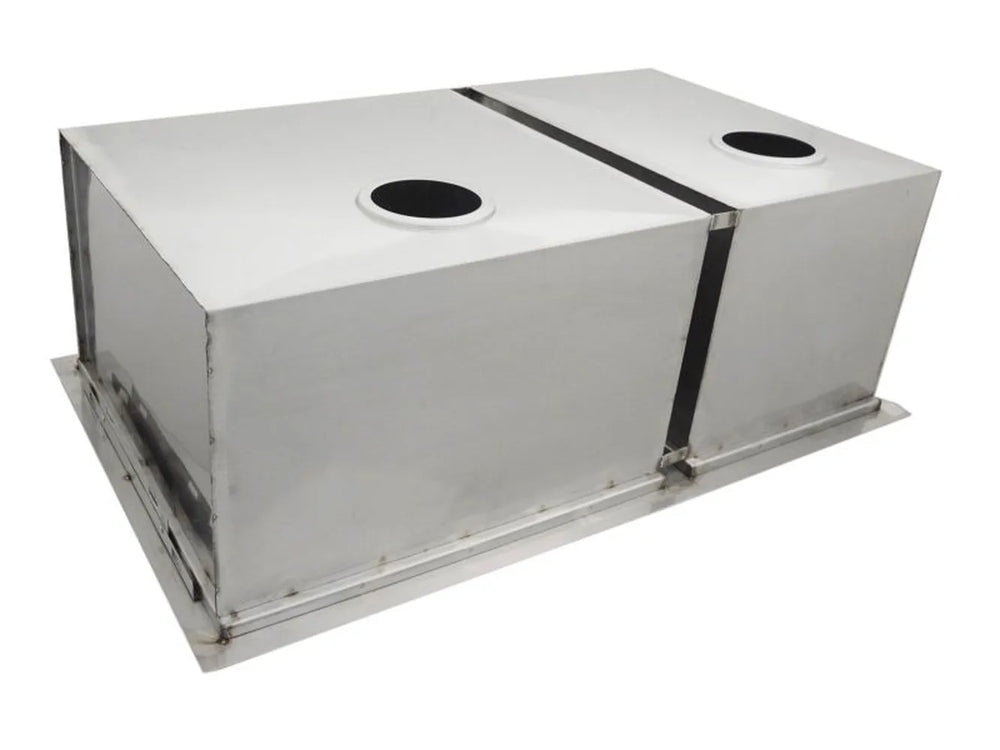 Underside of Sunstone B-SK34 double basin drop-in sink showing mounting flange and drain openings, 304 stainless steel.