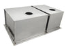 Underside of Sunstone B-SK34 double basin drop-in sink showing mounting flange and drain openings, 304 stainless steel.