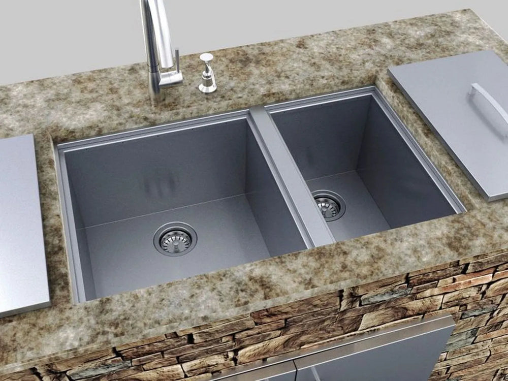 Sunstone B-SK34 34-inch 304 stainless double basin sink installed in outdoor kitchen countertop with faucet and soap dispenser.