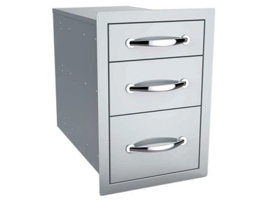 Shows the full drawer box depth behind the face frame with all three drawers closed.