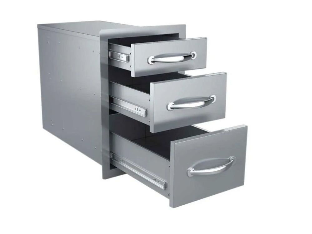 All three drawers pulled out showing the three storage bins and side-mounted soft-close slide rails.